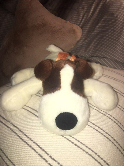 Vintage Russ Dog Plush Hiccup Sleeping Puppy Floppy White Brown Black Nose Ecu 10" Sleepy