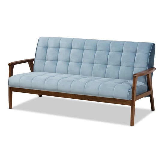 Baxton Studio Asta Midcentury Light Blue/Walnut Polyester/Blend Sofa | 160-9944-LW