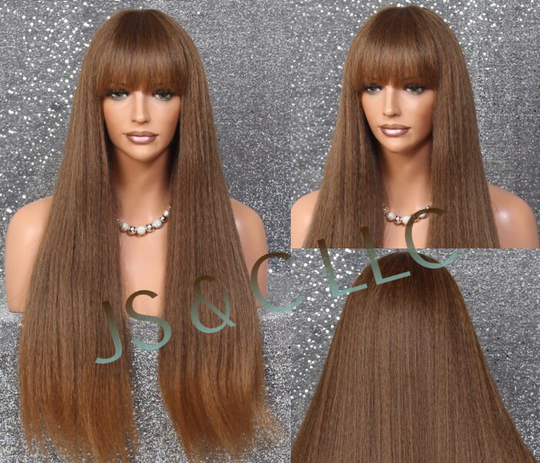 Human Hair Blend Body Crimped Textured Long Blunt Bangs & Length Brown Auburn Mixed Heat Safe Wig Cancer/Alopecia/Cosplay