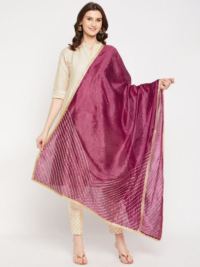 Women's Silk Blend Burgundy Embroidered Dupatta With Gotta Patti Free Shipping