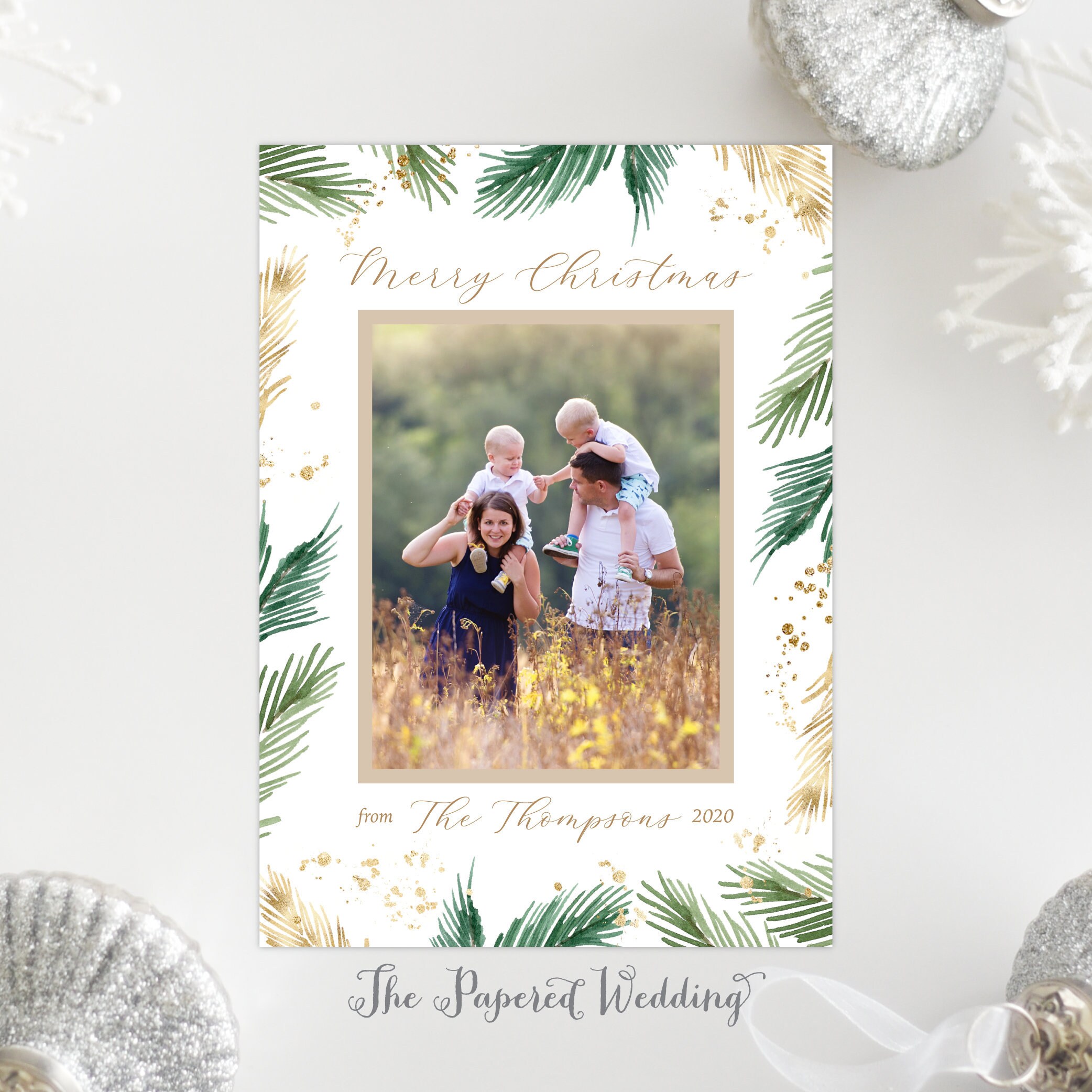 Printable Or Printed Green & Gold Pine Photo Christmas Cards - Merry With Needles One Picture 124 P1
