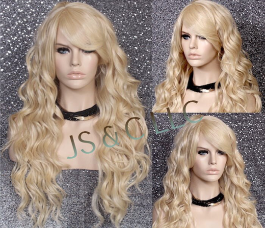 Pale Bleached Blonde Human Hair Blend Wig Heat Ok Long Deep Waves Full Bangs Cancer Alopecia Theatrical Cosplay Anime