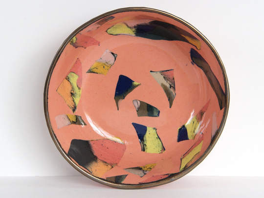 Colorful Nerikomi Bowl, Abstract Pink Stoneware Dish, Blue Shapes Ceramic Bowl, Neon Pink Noodle Terrazzo Rainbow Ramen Dish