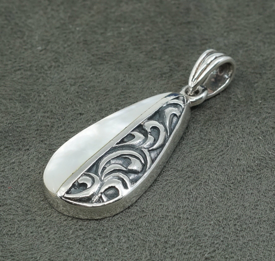 Vintage | 320302 Sterling Silver Handmade Pendant, Solid 925 With Teardrop Shaped Mother Of Pearl & Bali Filigree Detail, Stamped