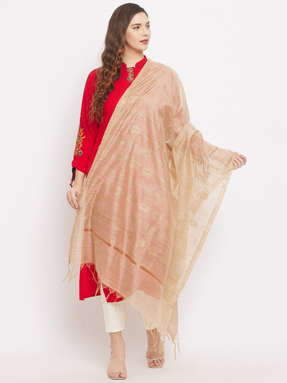 Women's Silk Blend Beige Block Printed Dupatta Free Shipping