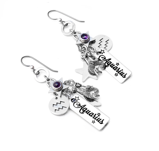 Aquarius Earrings, Horoscope Star Sign Jewelry, Authentic Garnet Or Amethyst Gemstones