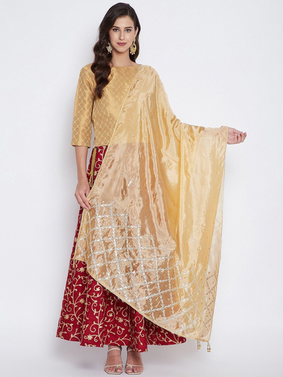 Women's Silk Blend Beige & White Embroidered Dupatta With Sequinned Free Shipping