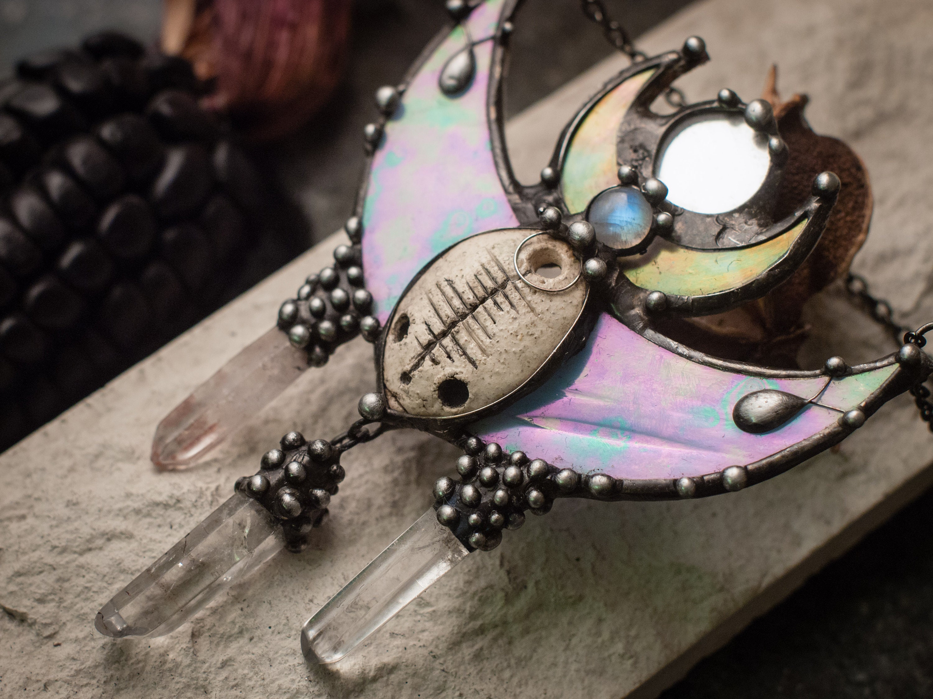 Pendant - Dreamer. Necklace With Clay Mask, Natural Moonstone, Quartz Cerystal. Shaman | Shamanic Jewelry, Steampunk Pendant, Witchcraft