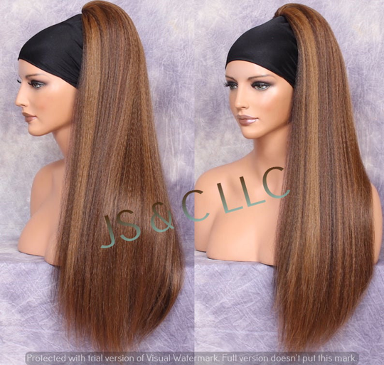 28" Brown Auburn Mix Human Hair Blend Textured Straight Ponytail Hair Piece Extension Heat Ok Drawstring Cancer Theater Alopecia Cosplay