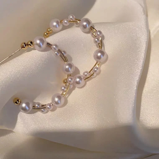 Pearl Hoop Earrings, Uneven Size Pearls On The Hoop, Trendy & Fashionable Elegant Hoop