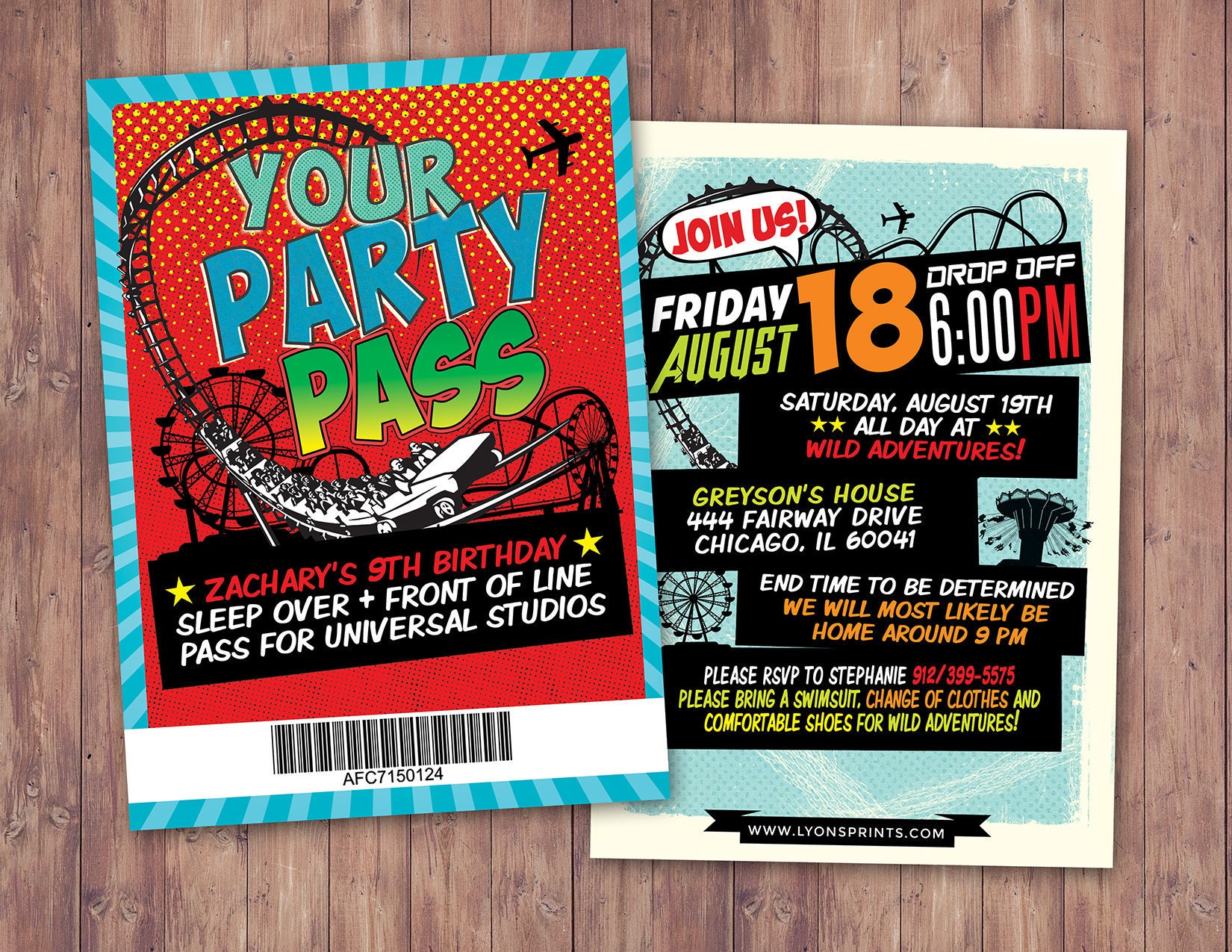 Amusement Park Party, Super Hero Party Invitation, Boy Birthday Invitations, Roller Coaster Invite, Theme Park Vip Pass