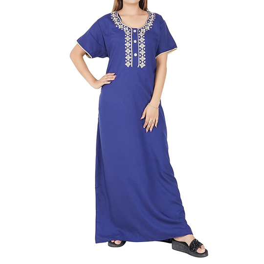 Women's Cotton Blend Lizzy - Bizzy Plain Nighty Neck-Embroidered Maxi Soft Fabric Nightgown, Sleepwear Comfortable, Wear Color Blue