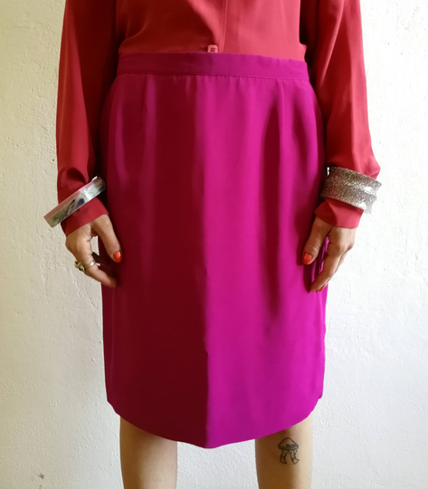 Bright Pink Silk Blend Vintage Skirt, Hot Fuxia Pencil Spring Bright Skirt