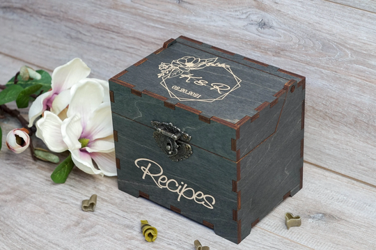 Recipe Box With Magnolia & Dividers & 4x6 Recipe Cards Personalized Engraved Wood Bridal Shower Decor Mothers Day Gift Christmas