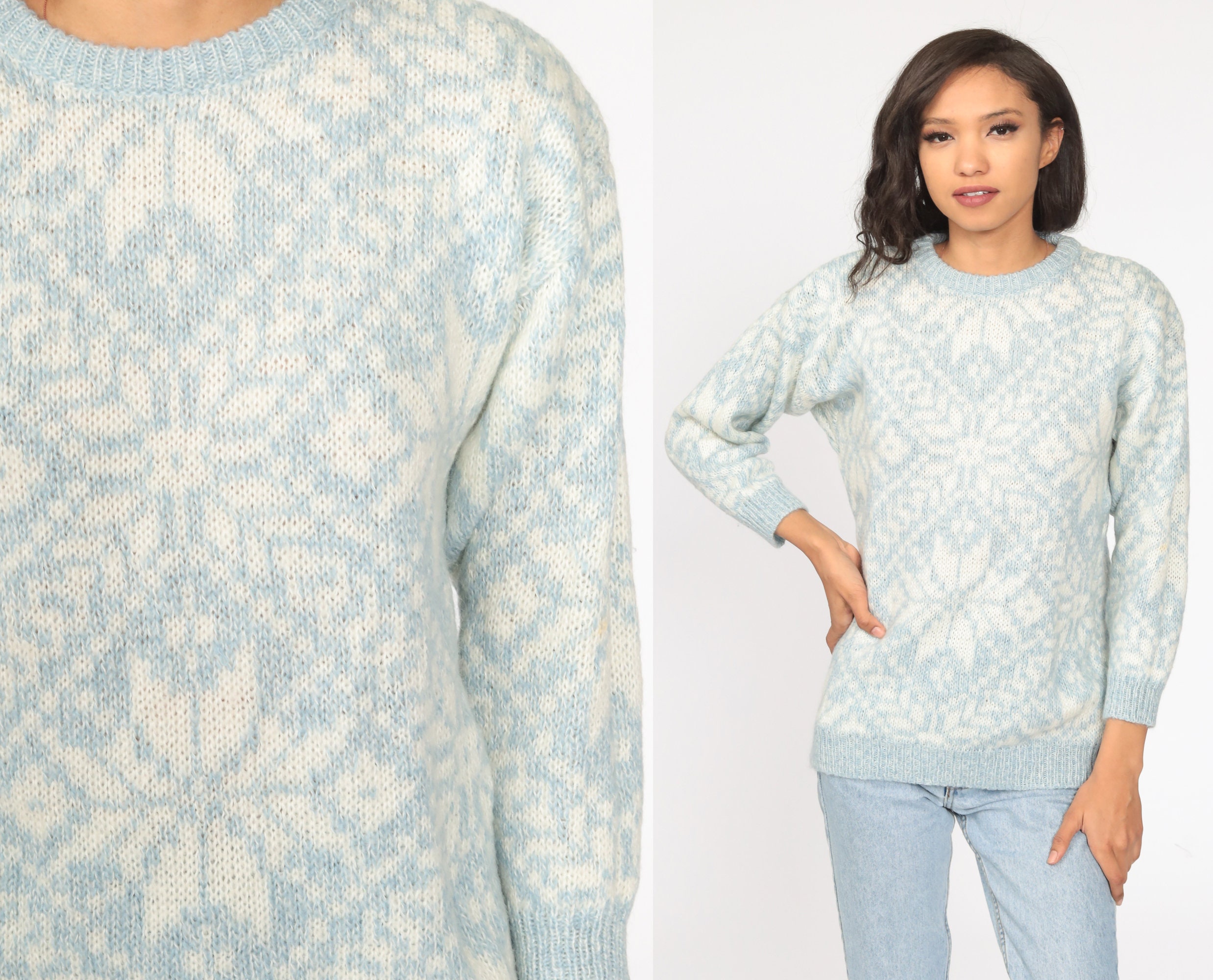 Snowflake Sweater Wool Blend Fair Isle 80S Baby Blue Cream Nordic Ski Bohemian Knit Pullover Medium