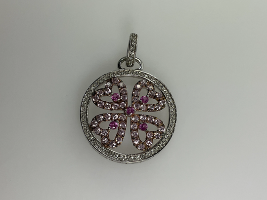 Vintage Pendant Sterling Silver 925 Round Floral With Pink Czs & Gold Washed Accent Used