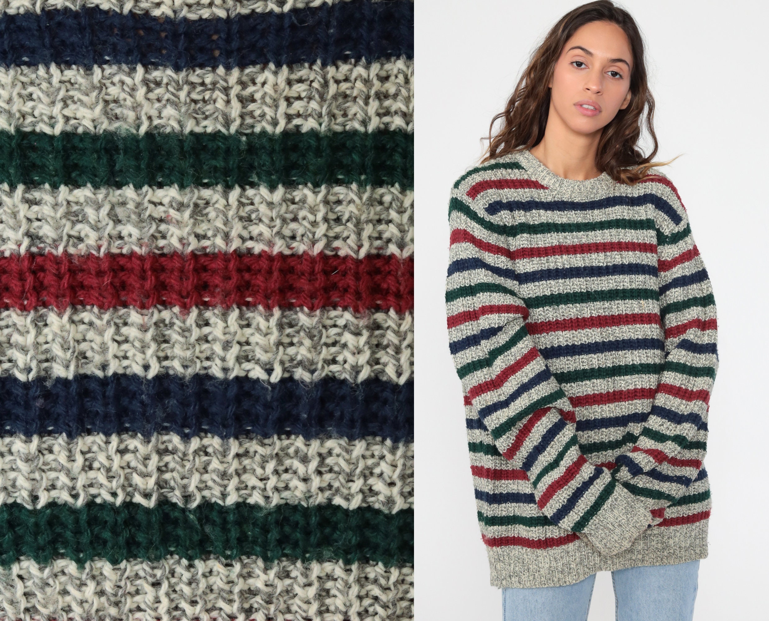 Wool Blend Sweater Men's Large Grey Striped 80S Knit Slouchy Stripes Pullover Jumper 1980S Vintage Retro Extra Xl L