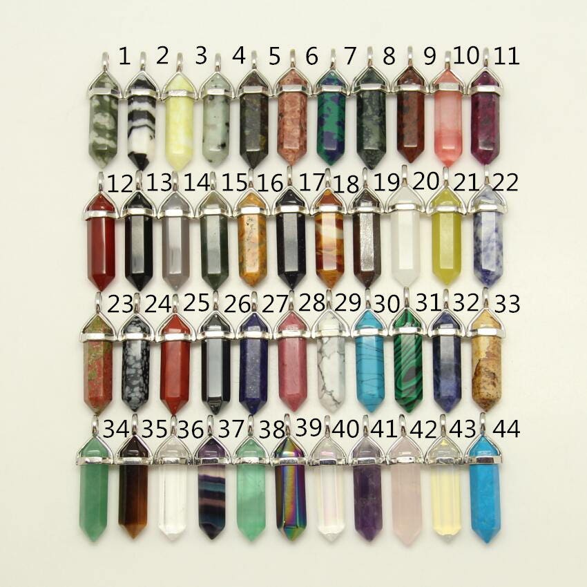 44 Stones Choice, 3-10Pcs Silver Plated Loop Double Stick Spike Loose Beads Diy Necklace Findings, Bulk Faceted Hexagon Point Pendants 12x40mm