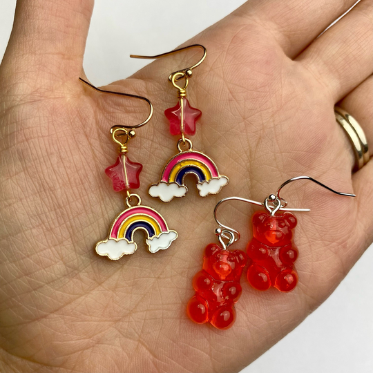 Set Of 2 Rainbows + Cute Gummy Bears Earrings | Colorful Kawaii Resin Enamel Charms, Boho Drop Earrings, Silver Tone/ Gold Tone Finishes