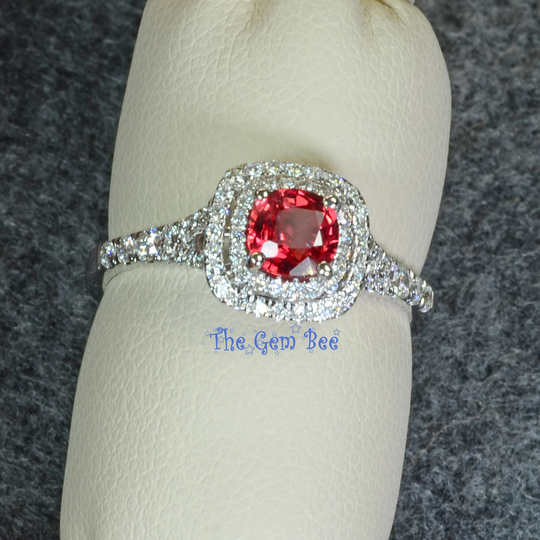 14K Solid White Gold Natural Padparadscha Sapphire Cushion Shape Double Diamond Halo Ring Size 6.75