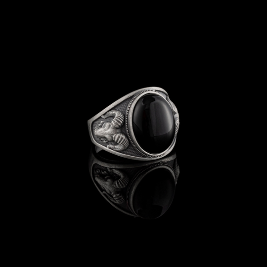 Ram Head Silver Men Ring, Black Onyx Oxidized Gemstone Aries Man Zodiac Husband Gift, Animal Ring