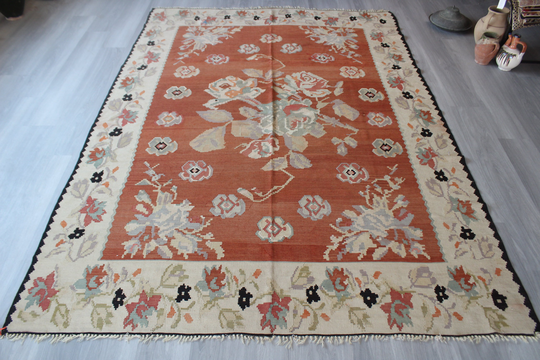 Vintage Karabagh Kilim, Ethnic Kilim Rug, Floral Large/6'6"x9'5" Ft N-518