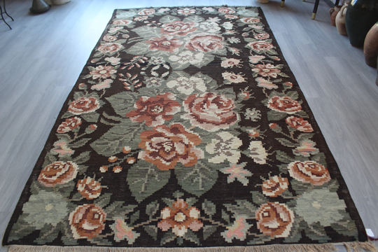 Vintage Karabagh Kilim, Ethnic Floral Bohemian Black Large Kilim/N-637 5'9"x10'3" Ft