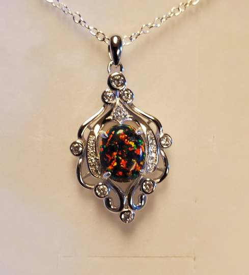 Black Opal Chandelier Necklace, Multicolored Fire See Video 8x10 Lab Created Opal, 925 Sterling Style Pendant W/9 Czs, Chain