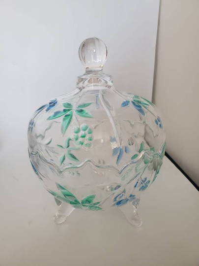 Vintage Footed Lidded Candy Dish Embossed Blue Green Flower Leaves Clear Glass