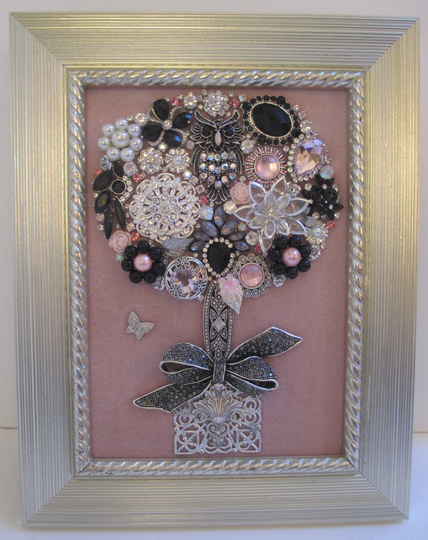 Jeweled Framed Jewelry Art Topiary Light Pink Silver Black Vintage Rhinestone Floral Detailed Fabulous Gift