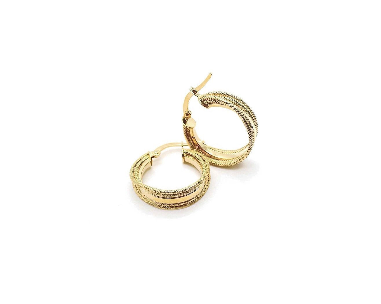 18K Yellow Gold Sparkling Hoop Earrings Italian Real 18K Shiny & Diamond Effect Design Gift For Her