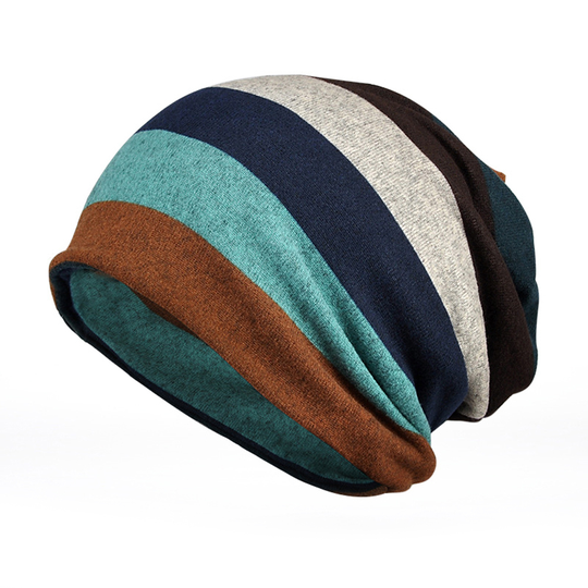 Women Winter Fashion Stripe Pattern Hat Beanie Cotton Blend Cap Scarf Nice - blue