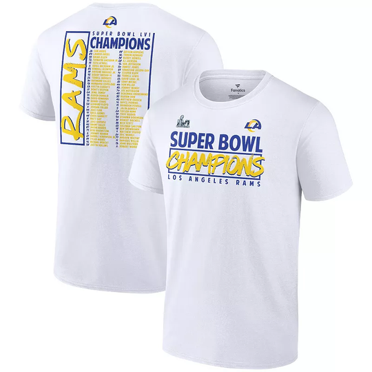 Men's Fanatics Branded White Los Angeles Rams Super Bowl LVI Champions Stacked Roster T-Shirt, Size: 5XL