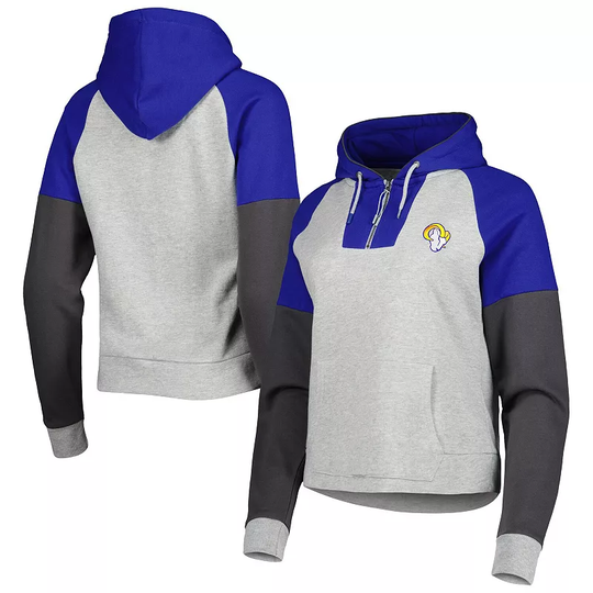Women's Antigua Heathered Gray/Royal Los Angeles Rams Jackpot Raglan Half-Zip Pullover Hoodie, Size: 3XL, Grey