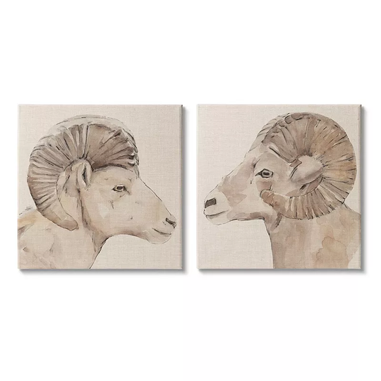 Stupell Home Decor Big Horn Ram Portrait Canvas Wall Art 2-piece Set, Brown, 17X17