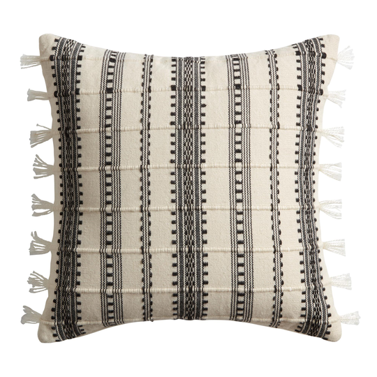 Black and White Striped Tasseled Indoor Outdoor Patio Throw Pillow by World Market