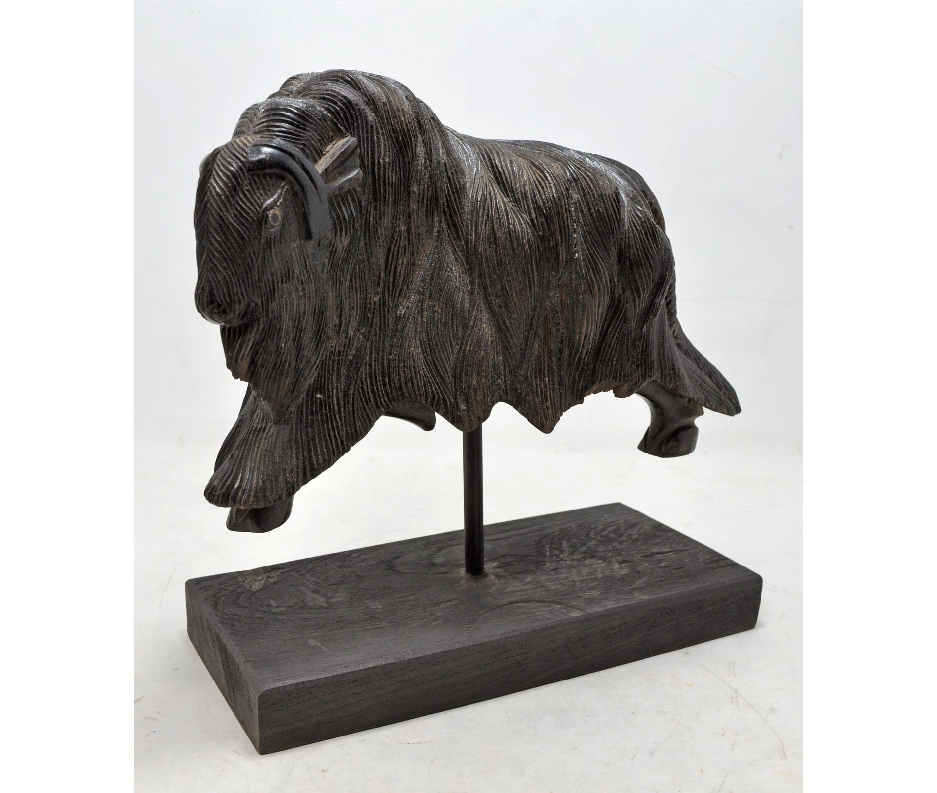 Antique Wooden Ram Goat Figurine Original Old Hand Carved On Stand