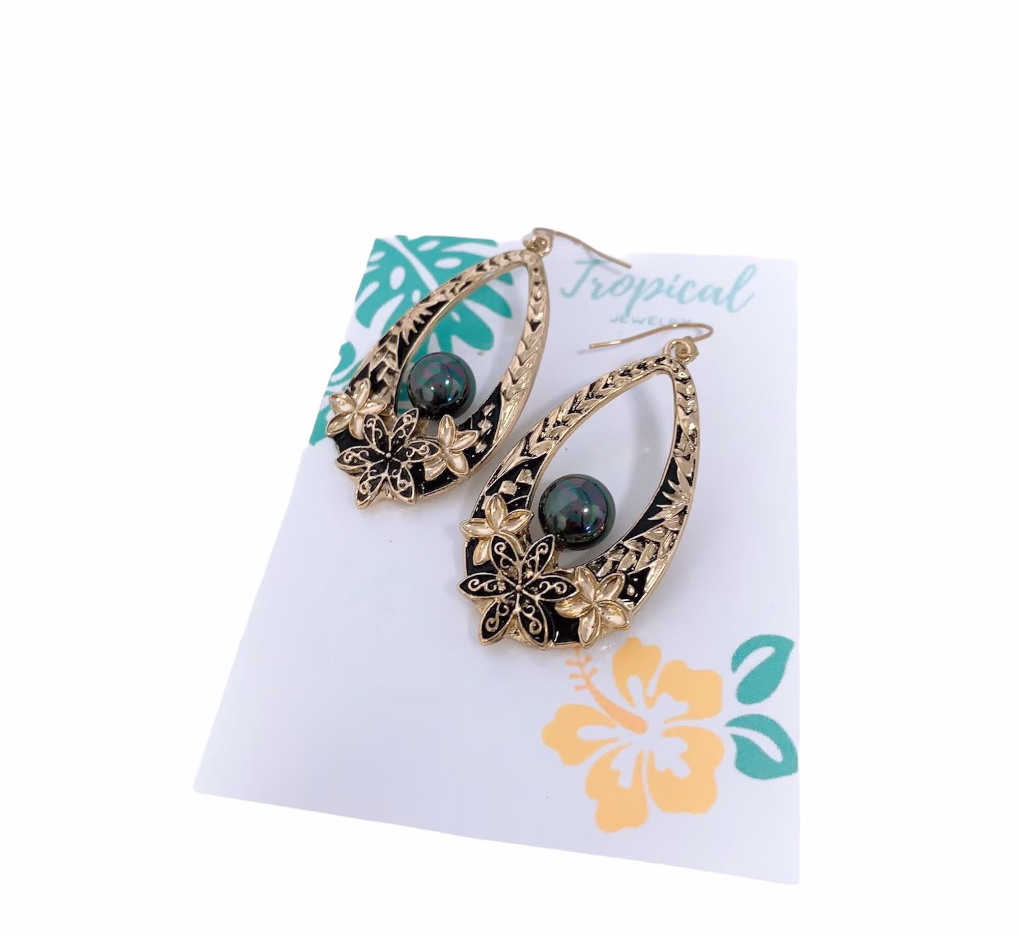 Hawaiian Black Enamel Tiare Plumeria Flower Teardrop With Shell Pearls Hamilton Gold Earring Or Necklace