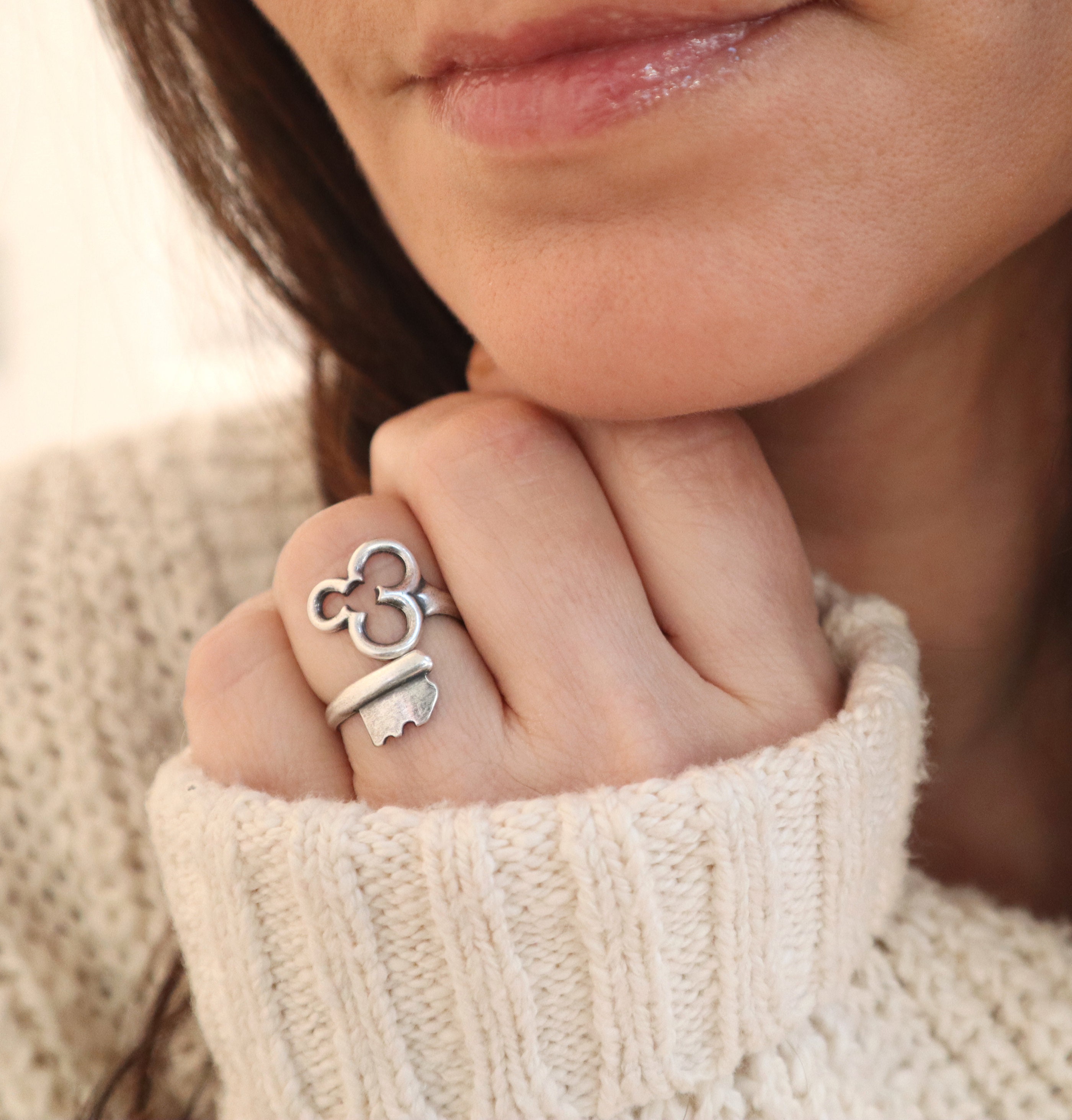 Clover Ring, Key Lucky Adjustable, Sterling Silver Finish, Adjustable Ring