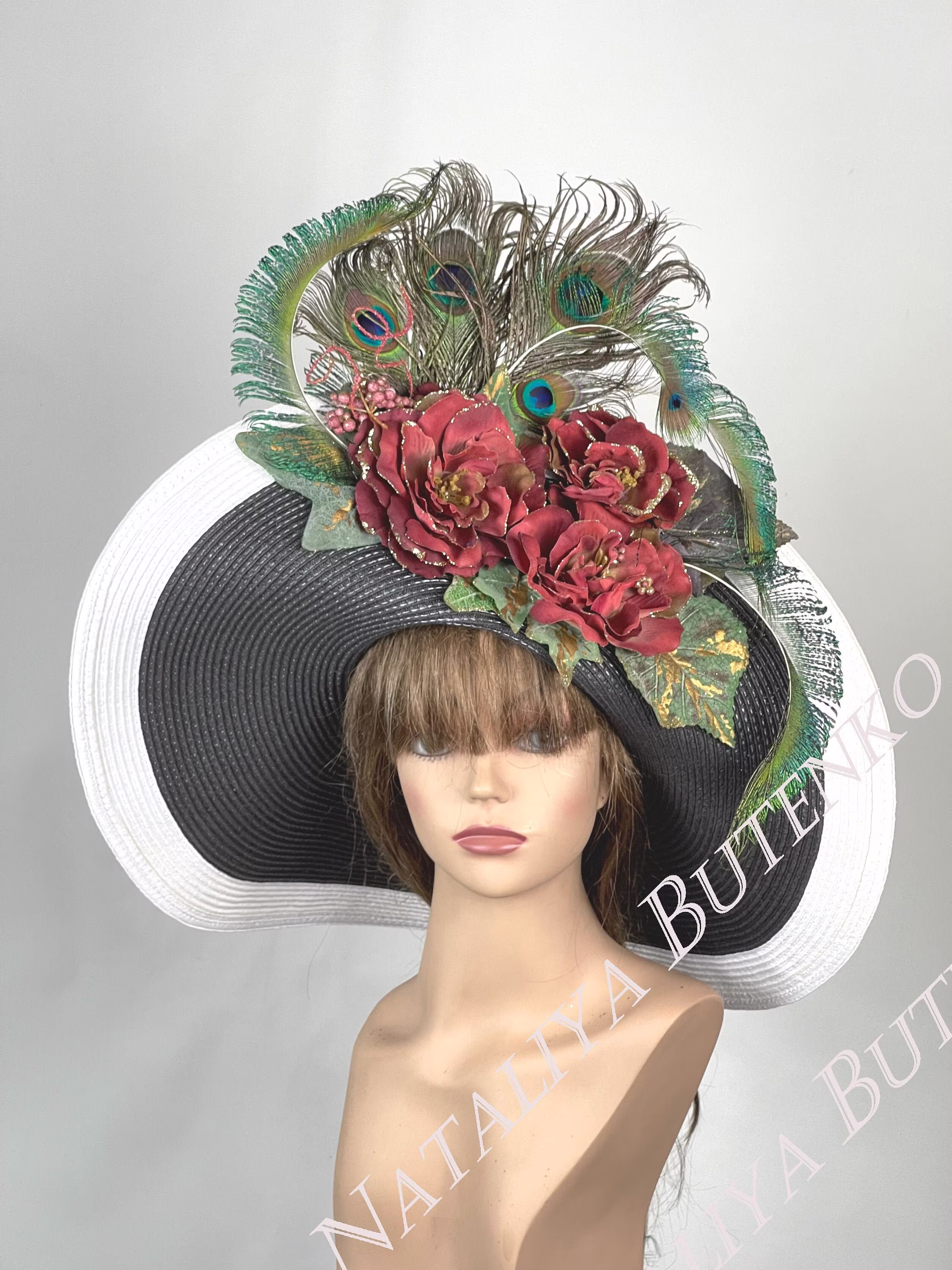 Sale Woman Black White Strips Blue Church Wedding Head Piece Kentucky Derby Hat Bridal Coctail Couture Horse Racing Party Wide Brim