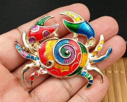 Crab Charm Golden Multicolor Enamel Yoga Mala Long Sweater Pendant Necklace Seafood Lover's Collector's Diy Bohemian Jewelry Findings