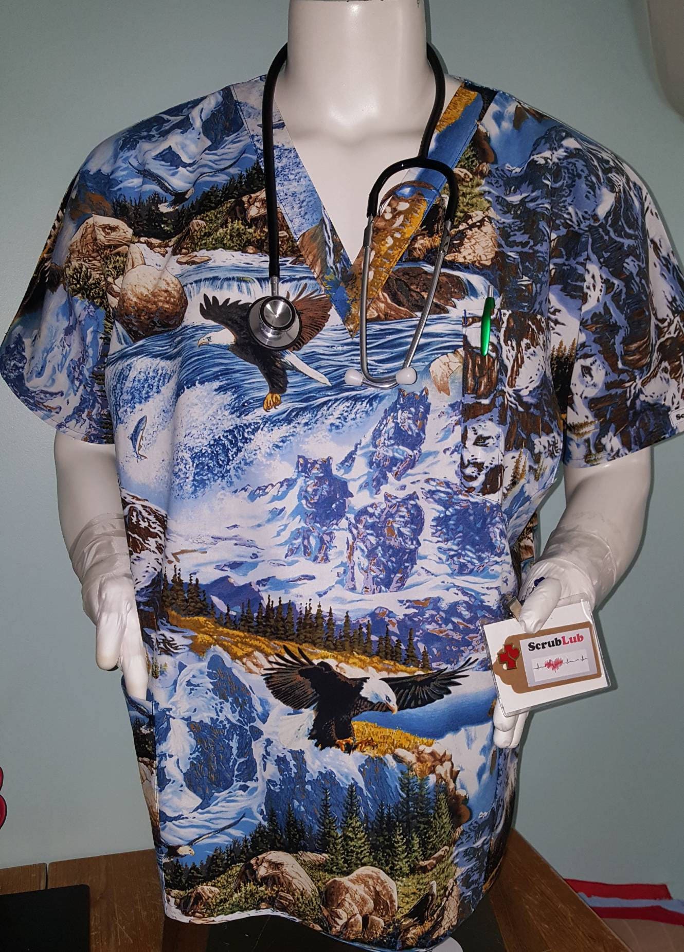 Scrub Tops Mens Wings Like An Eagle Shirt Classic V-Neck Especially Tailored For Men Murses, Male Nurses, Techs, Dental, Vets , Md, Pa