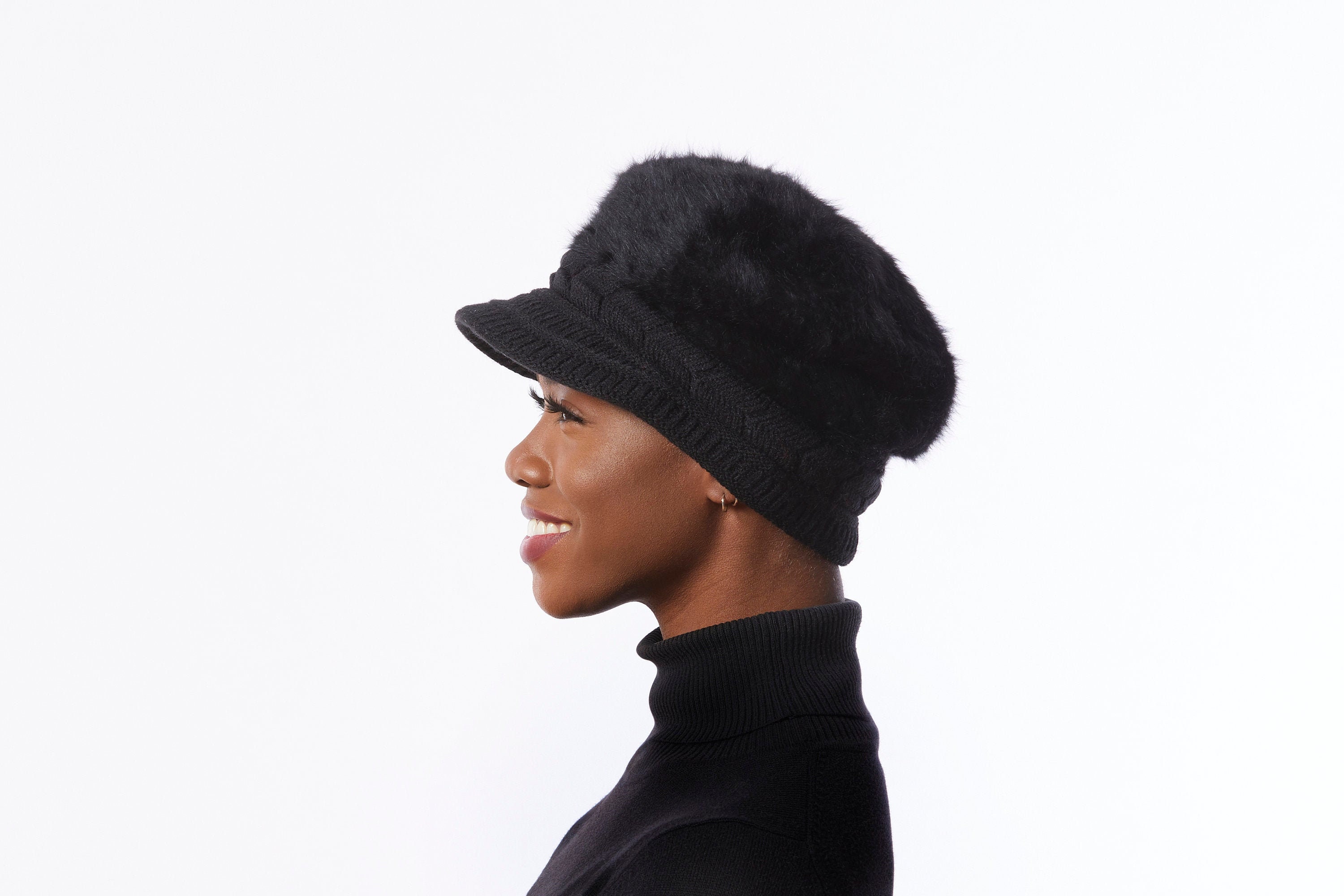 Black Knit Cap, Angora Wool Blend Hat, Winter Newsboy Hat With Bill