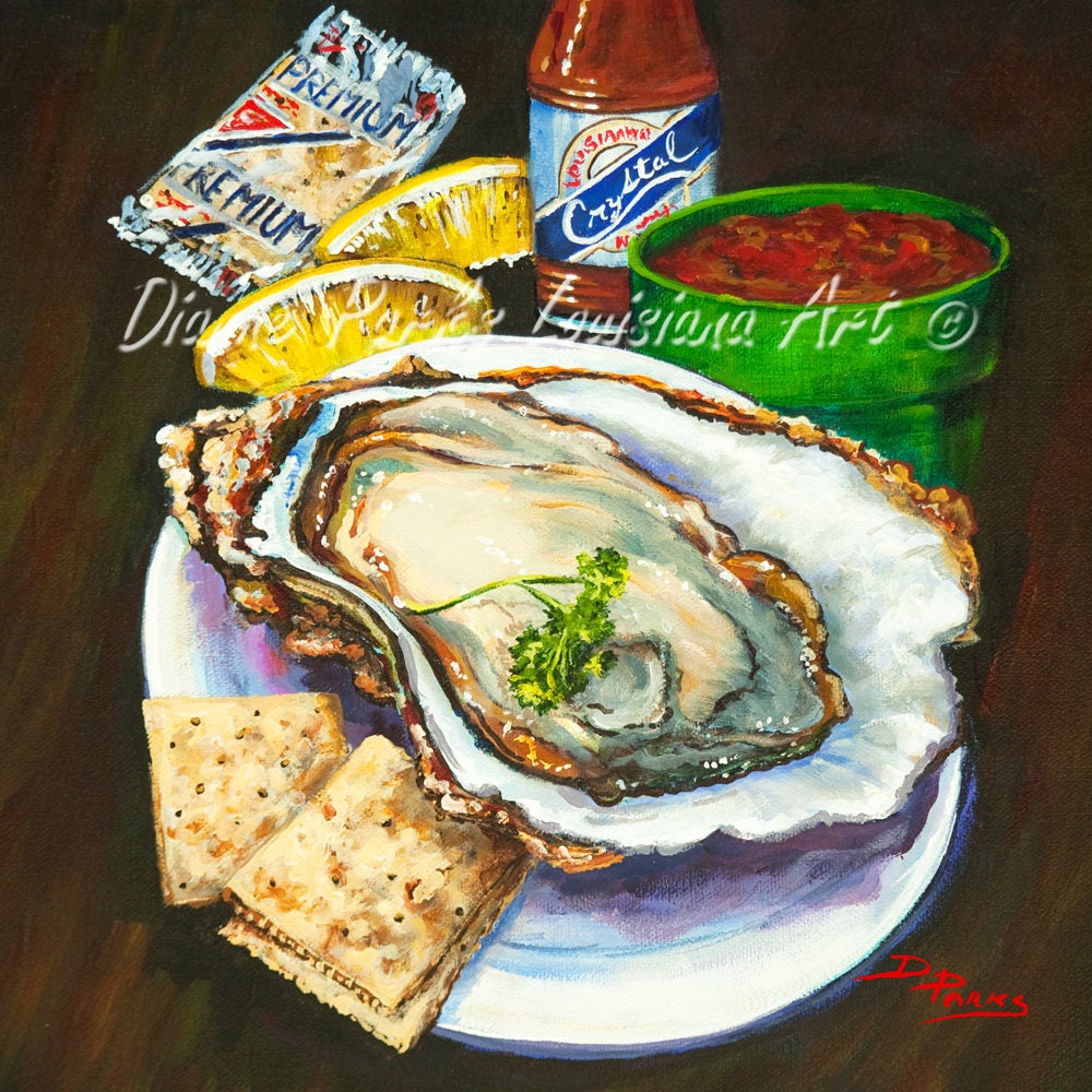 Louisiana Oyster, Raw Oyster & Crystal Hot Sauce, New Orleans Seafood Art Painting, Food - "Oyster Crystal'