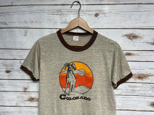 Vintage 70's Women's Tri Blend Ringer Tshirt Colorado Single Stitch T Shirt With Rayon Made in USA Sportswear - Small/Medium
