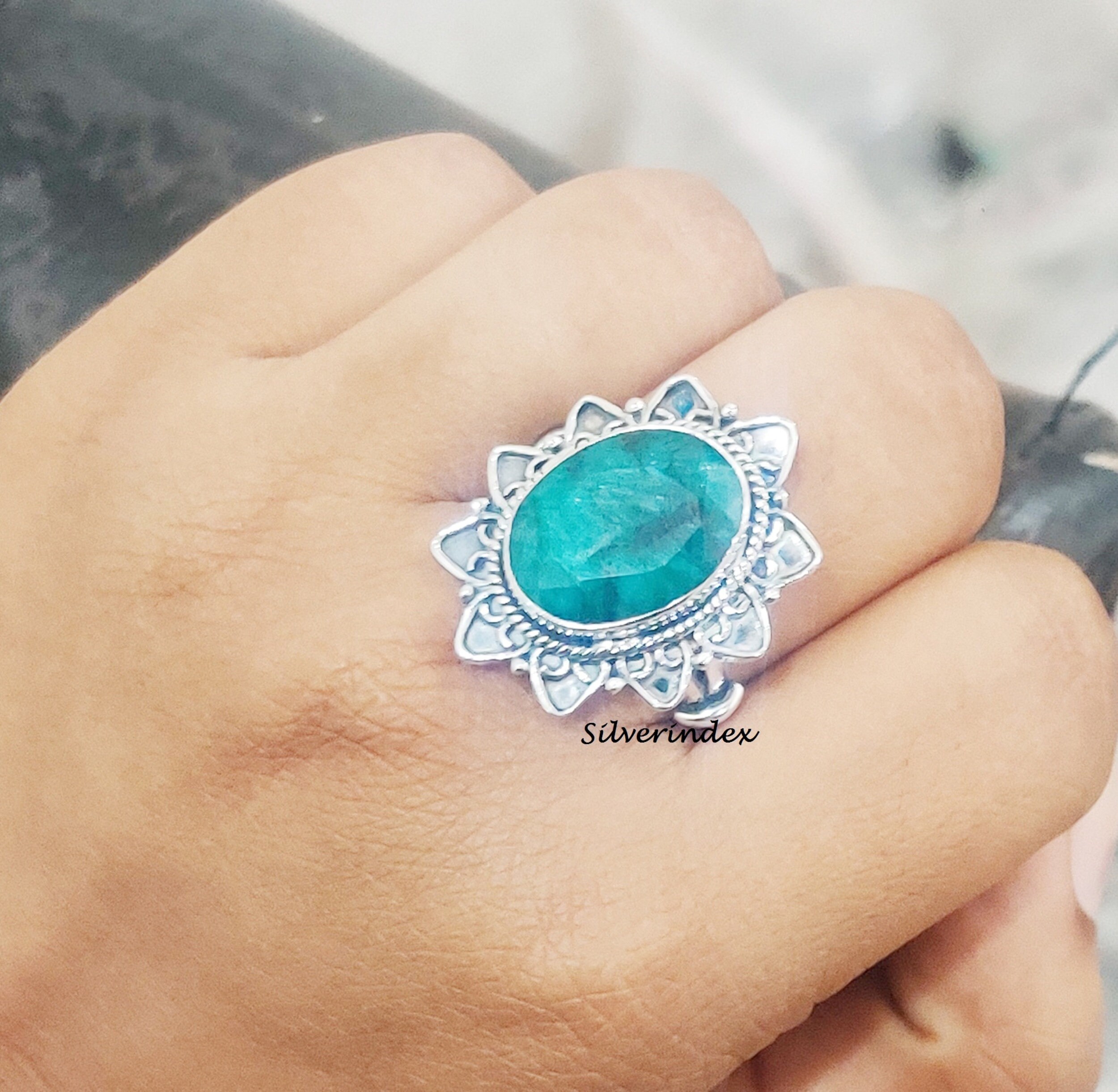 Flower Ring, Emerald 925 Silver Sterling Beautiful Jewelry, Handmade Women Gift For Love Partner