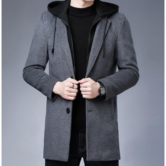 Men's Hooded Trench Coat Long Wool Blend Jacket Overcoat - Gray, M - medium grey