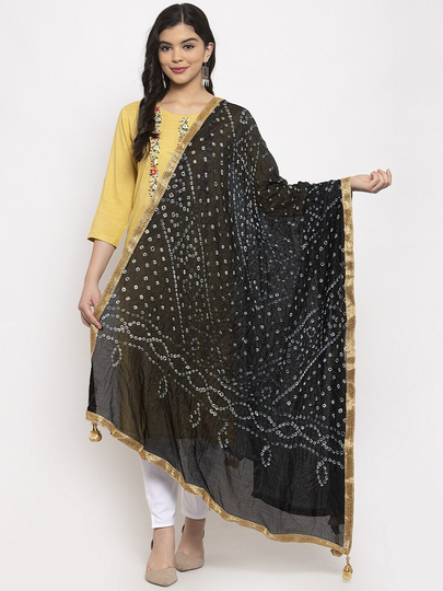 Women's Silk Blend Black & Off-White Bandhani Gotta Patti Dupatta Free Shipping