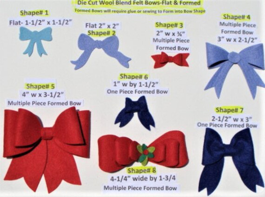 Die Cut Felt Flat & Formed Bows-Various Shapes & Sizes - U Choose Shape Colors-Wool Blend Applique, Crafts - Board56
