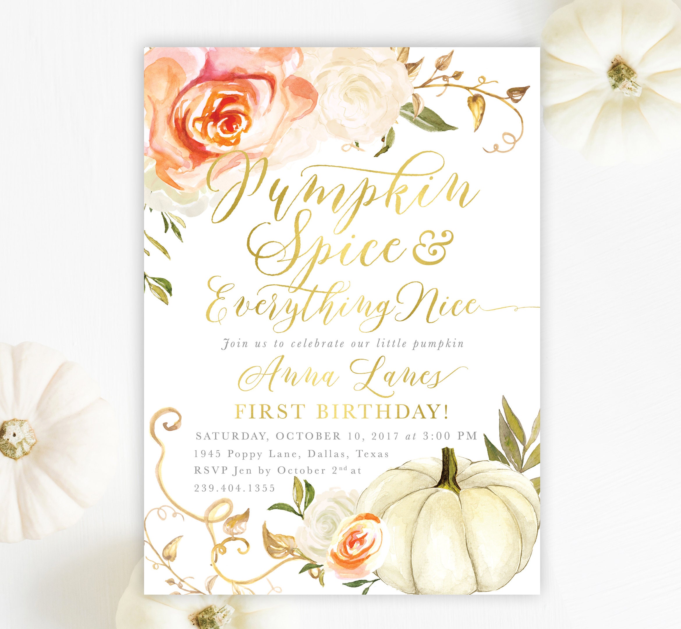 Pumpkin Spice & Everything Nice Fall Birthday Invitation, First Party, Boy Birthday, Girl Any Age, White Rose - 3